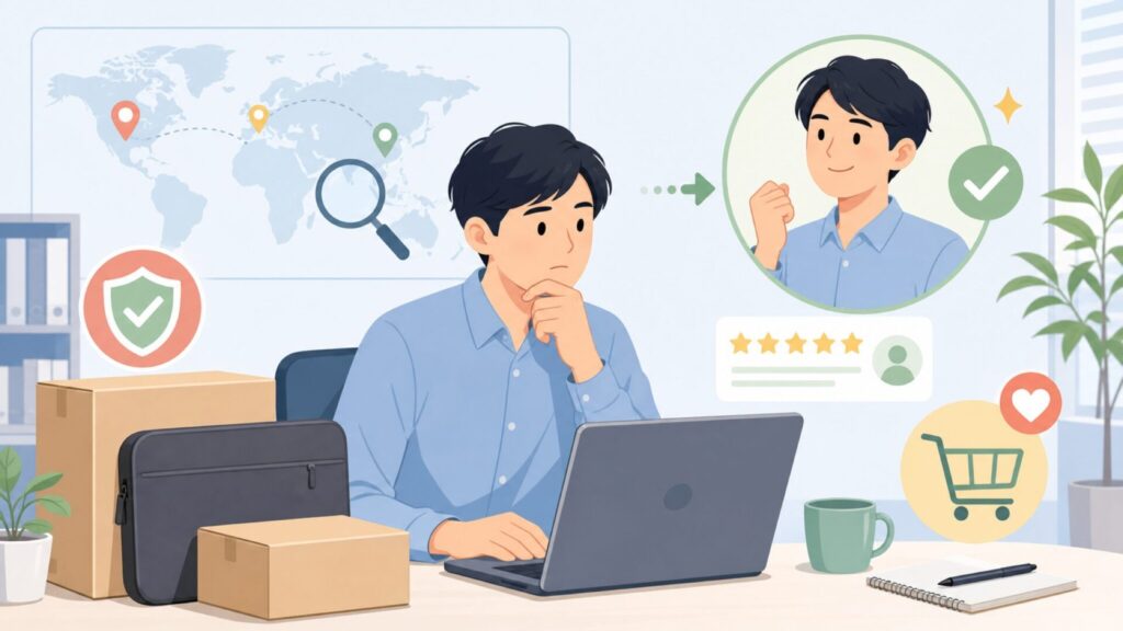 FINPACのパソコンケースはどこの国？品質と選び方を徹底解説の要点を表すイラスト