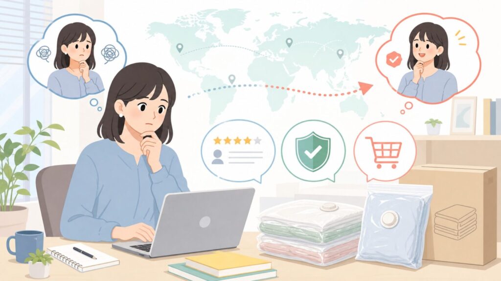 Hibag圧縮袋はどこの国のブランド？販売元と口コミで安全性を確認の要点を表すイラスト
