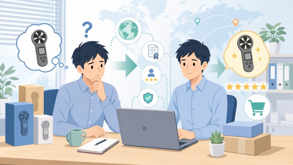HOLDPEAK風速計どこの国？信頼性と選び方を購入前に確認の要点を表すイラスト