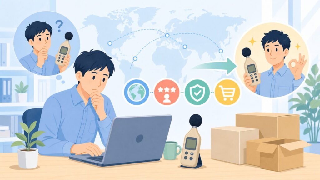 C-Timvasion騒音計はどこの国？買っても大丈夫か徹底解説の要点を表すイラスト