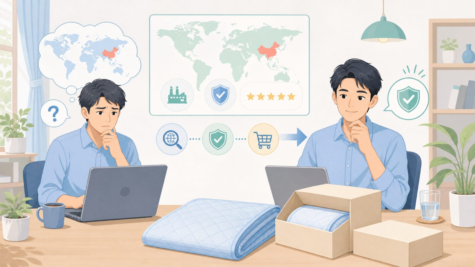 Elegear冷感敷きパッドはどこの国？運営会社と品質を徹底検証の要点を表すイラスト