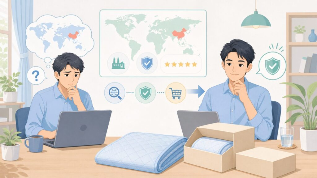 Elegear冷感敷きパッドはどこの国？運営会社と品質を徹底検証の要点を表すイラスト
