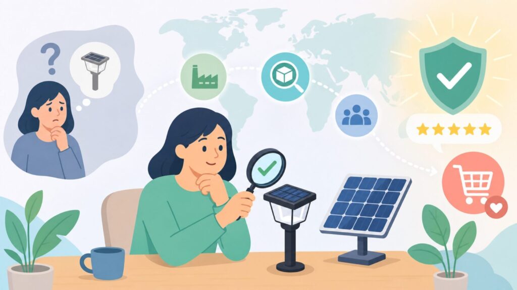 Aootekソーラーライトはどこの国?正体と信頼性を徹底解説の要点を表すイラスト
