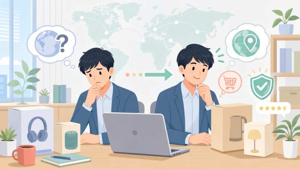 WisFoxキーボードはどこの国？購入前に知りたい国籍と選び方の要点を表すイラスト