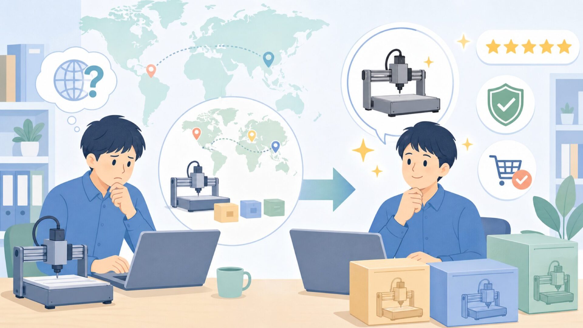GenmitsuのCNCルーターはどこの国?品質と機種選びも解説の要点を表すイラスト