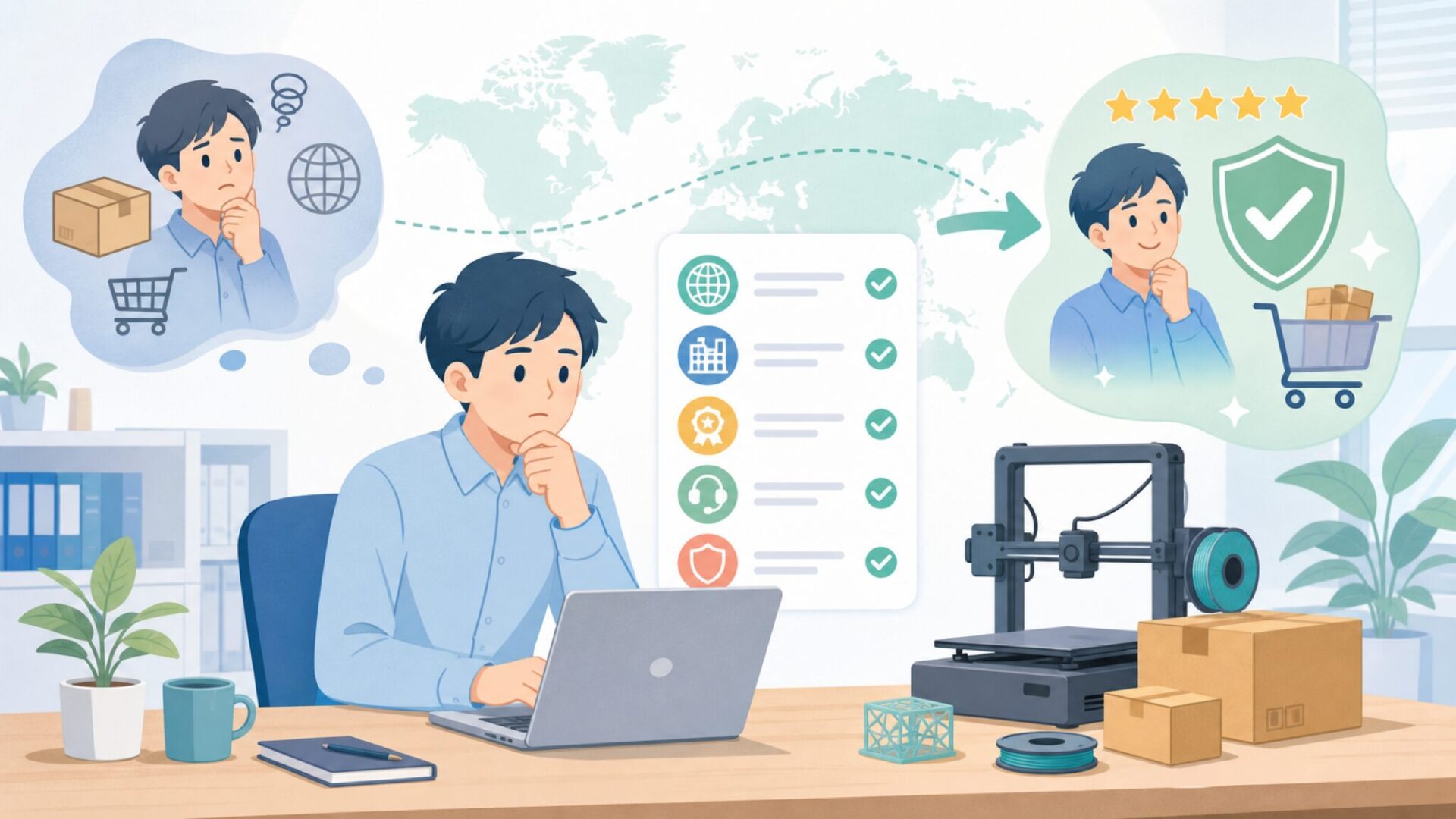 Comgrow 3Dプリンターはどこの国?中国メーカーの実力と選び方の要点を表すイラスト
