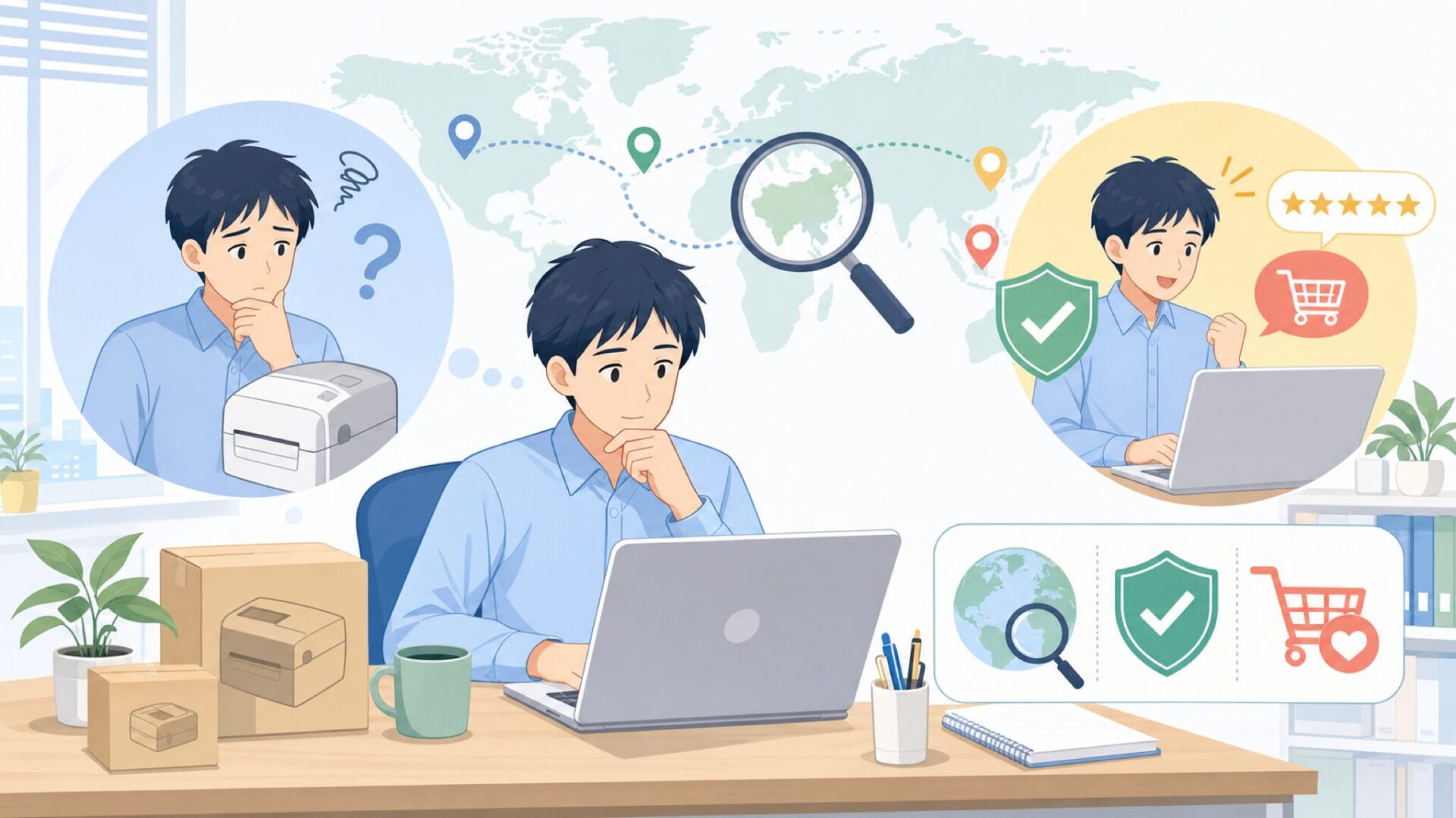 HPRTのラベルプリンターはどこの国?中国ブランドの正体を解説の要点を表すイラスト