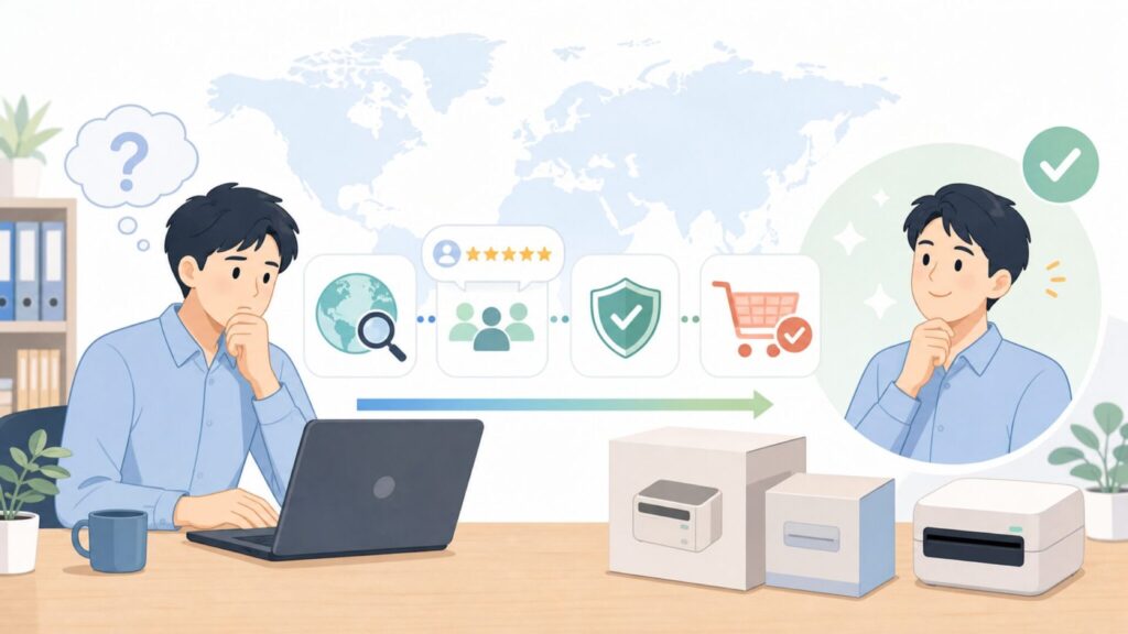OFFNOVAのラベルプリンターはどこの国？会社の正体と評判を総点検の要点を表すイラスト