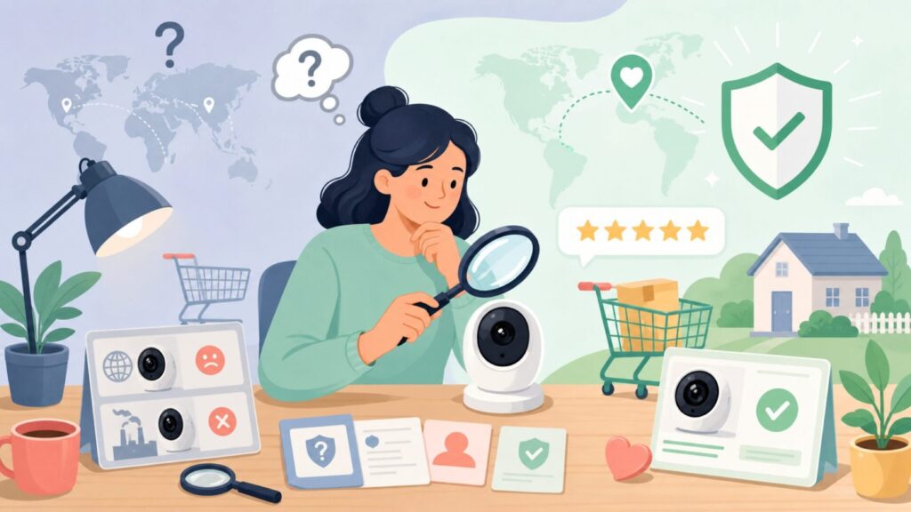Kami防犯カメラはどこの国?メーカー背景と安全性をやさしく解説の要点を表すイラスト