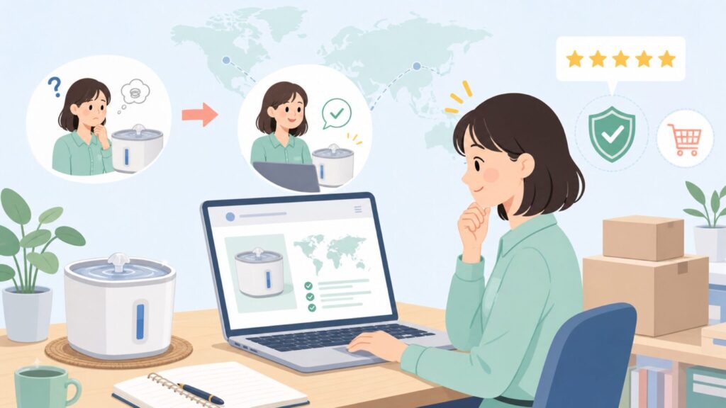 Veken給水器はどこの国のブランド?会社概要と信頼性を調査の要点を表すイラスト