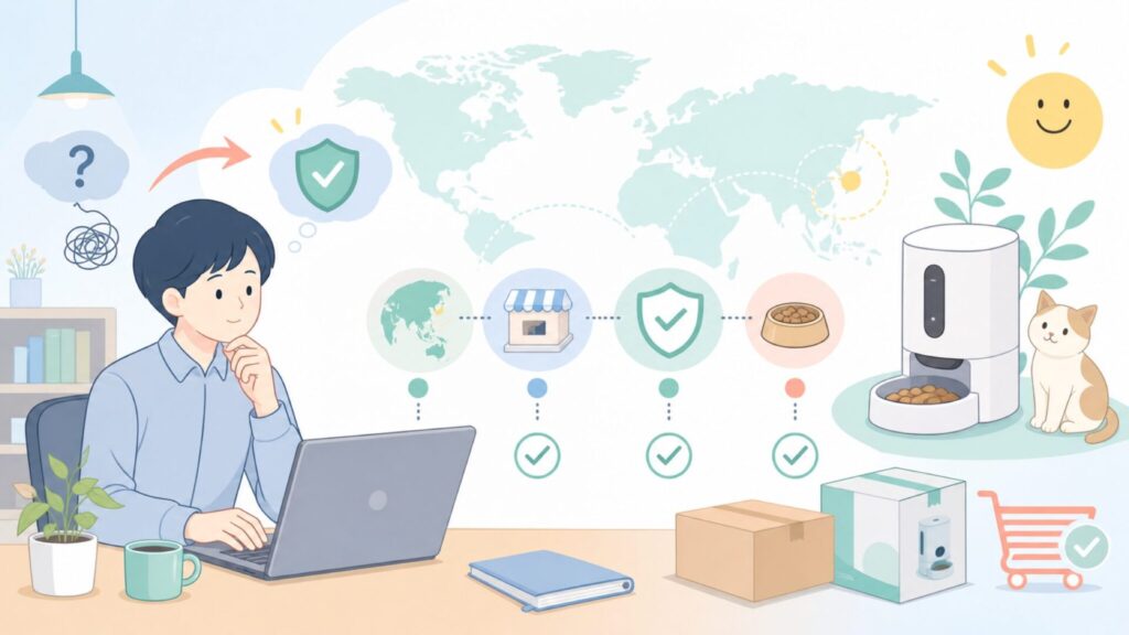 PETGEEKはどこの国?自動給餌器の安全性と選び方まで解説の要点を表すイラスト