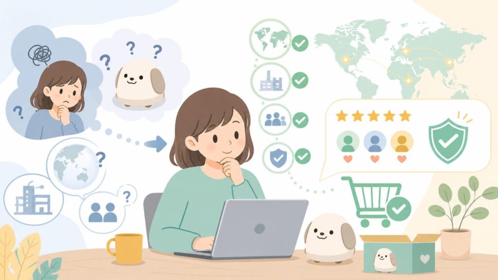 MyAudioPetはどこの国？会社概要と購入前の確認ポイントの要点を表すイラスト