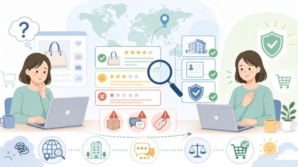TIBAOLOVERはどこの国のブランド？会社概要と口コミの見極め方の要点を表すイラスト