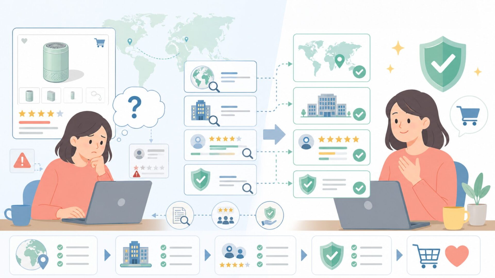 HETEPPTRはどこの国？購入前に確認したい会社情報と注意点の要点を表すイラスト