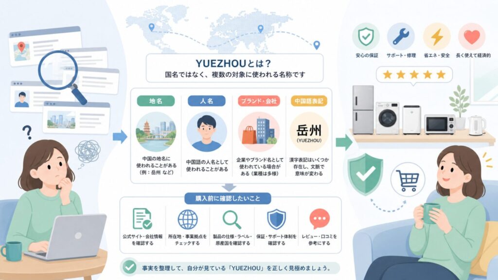 YUEZHOUはどこの国？地名・人名・ブランドの正体を整理の要点を表すイラスト