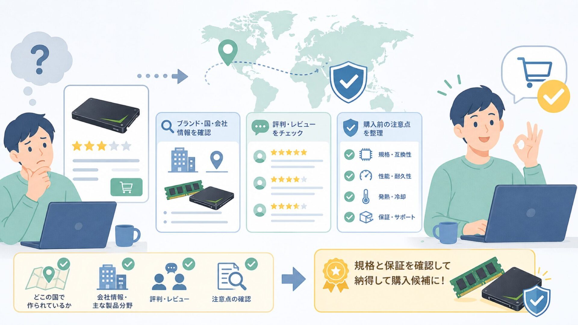 Mushkinはどこの国?評判とメモリ・SSD選びの注意点を解説の要点を表すイラスト