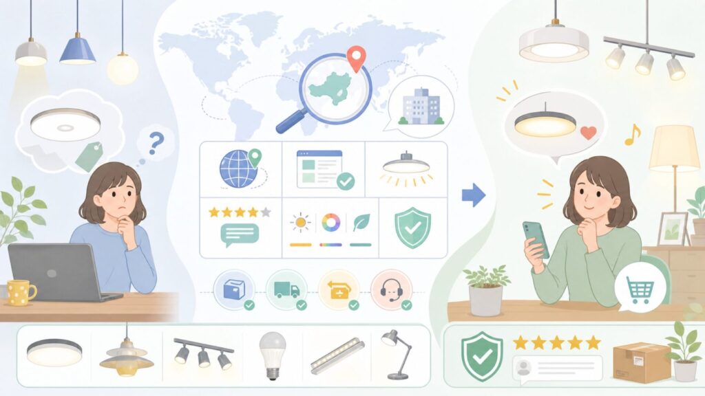 TeHenooはどこの国？照明ブランドの正体と購入前の注意点の要点を表すイラスト