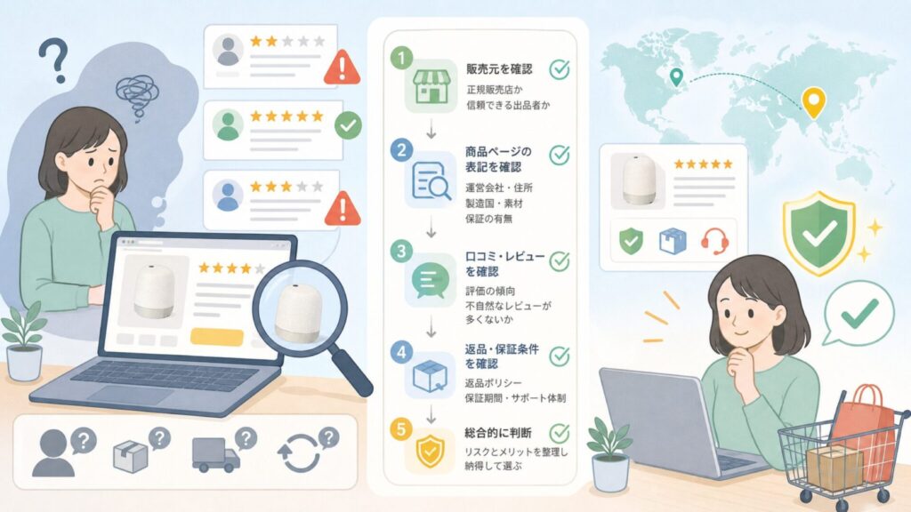 Moonjorはどこの国のブランド？信頼性を見極める確認手順の要点を表すイラスト