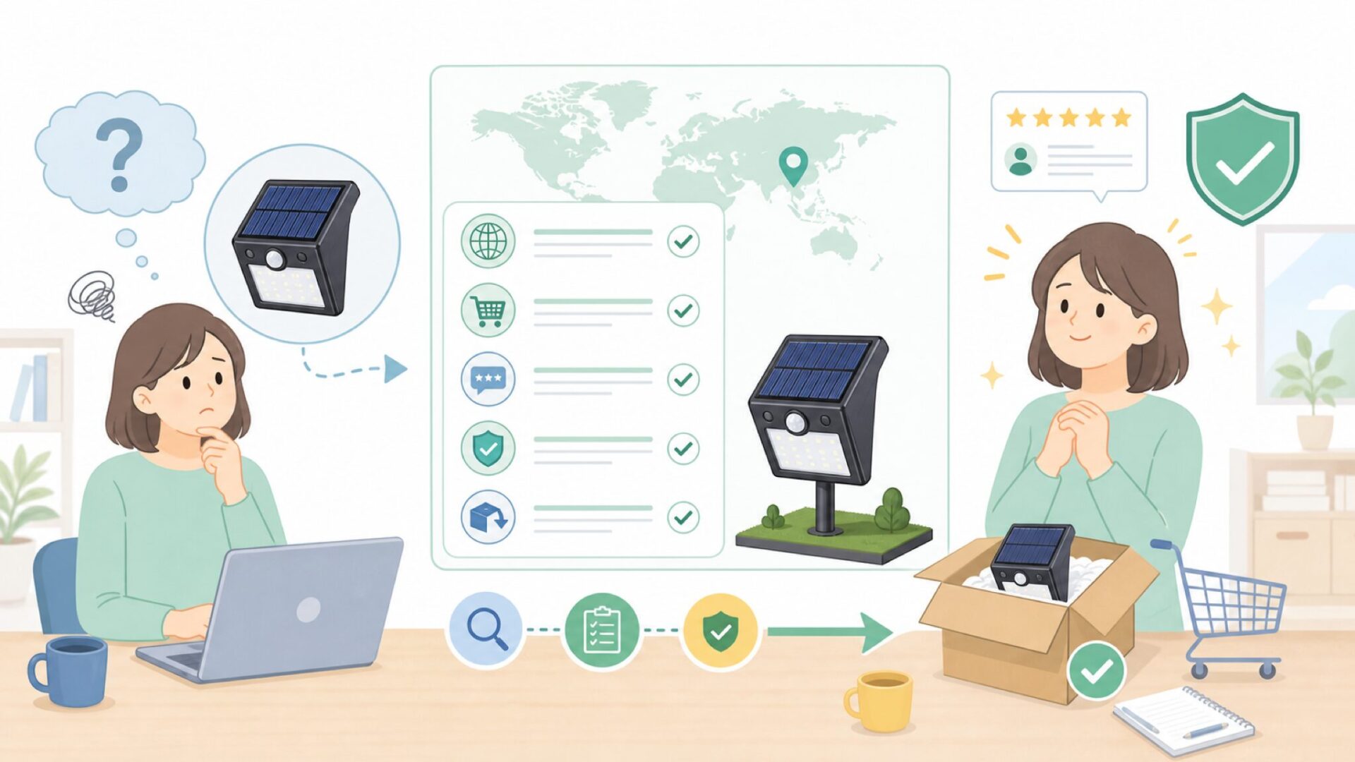MEIKEEはどこの国?評判とセンサーライトの信頼性を徹底検証の要点を表すイラスト