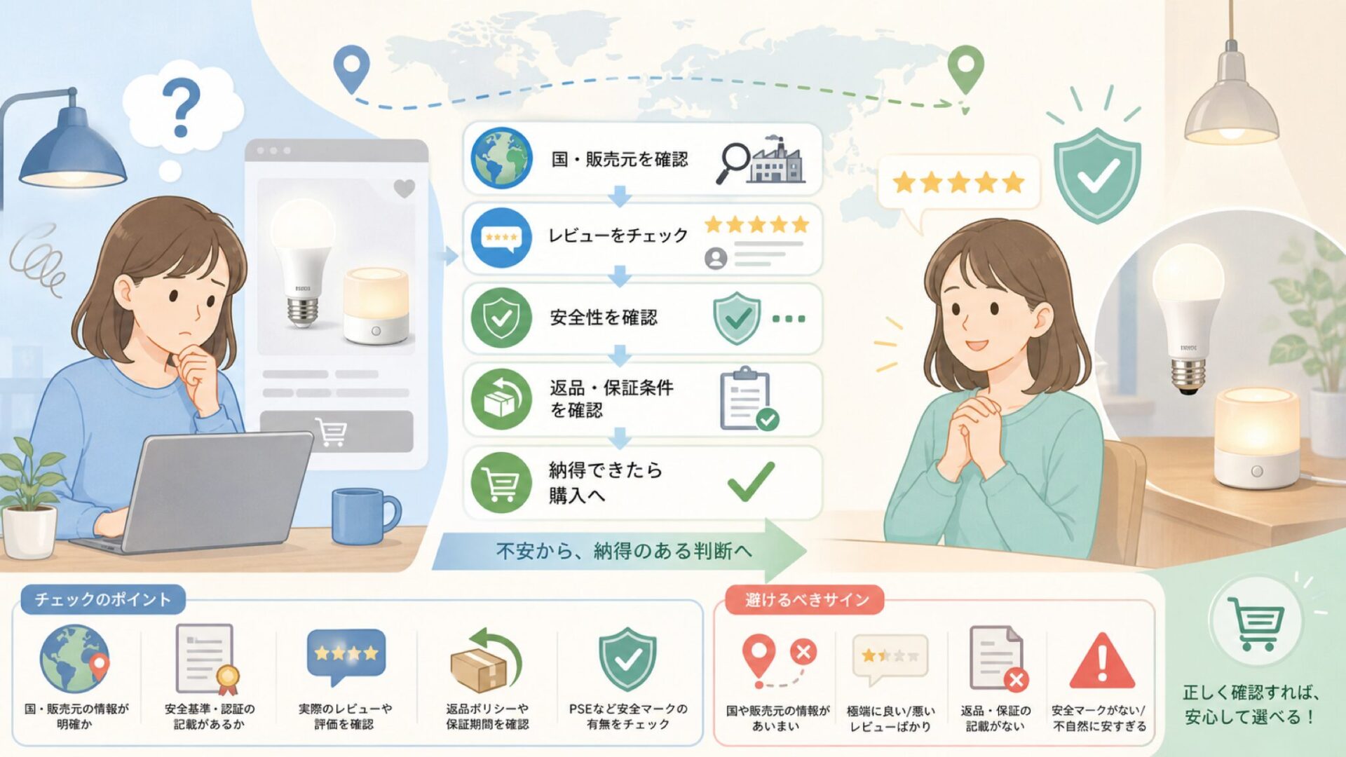 JandCaseはどこの国のブランド？購入前に見るべき安全チェックの要点を表すイラスト
