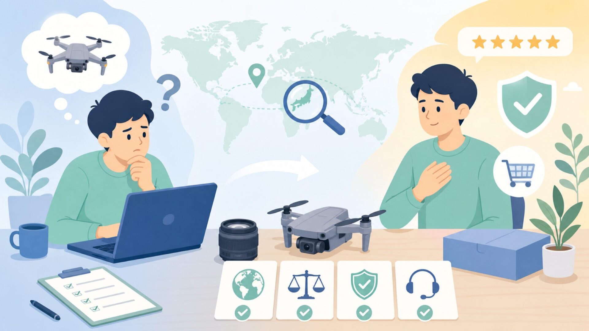 TENKERドローンはどこの国？日本での使用可否とDJI比較の要点を表すイラスト