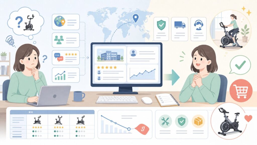 STEADYはどこの国のブランド？フィットネスバイクの評判を解説の要点を表すイラスト