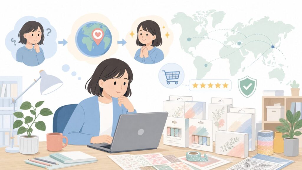 Pinkfresh Studioの国は?クラフト用品の特徴と購入先の要点を表すイラスト