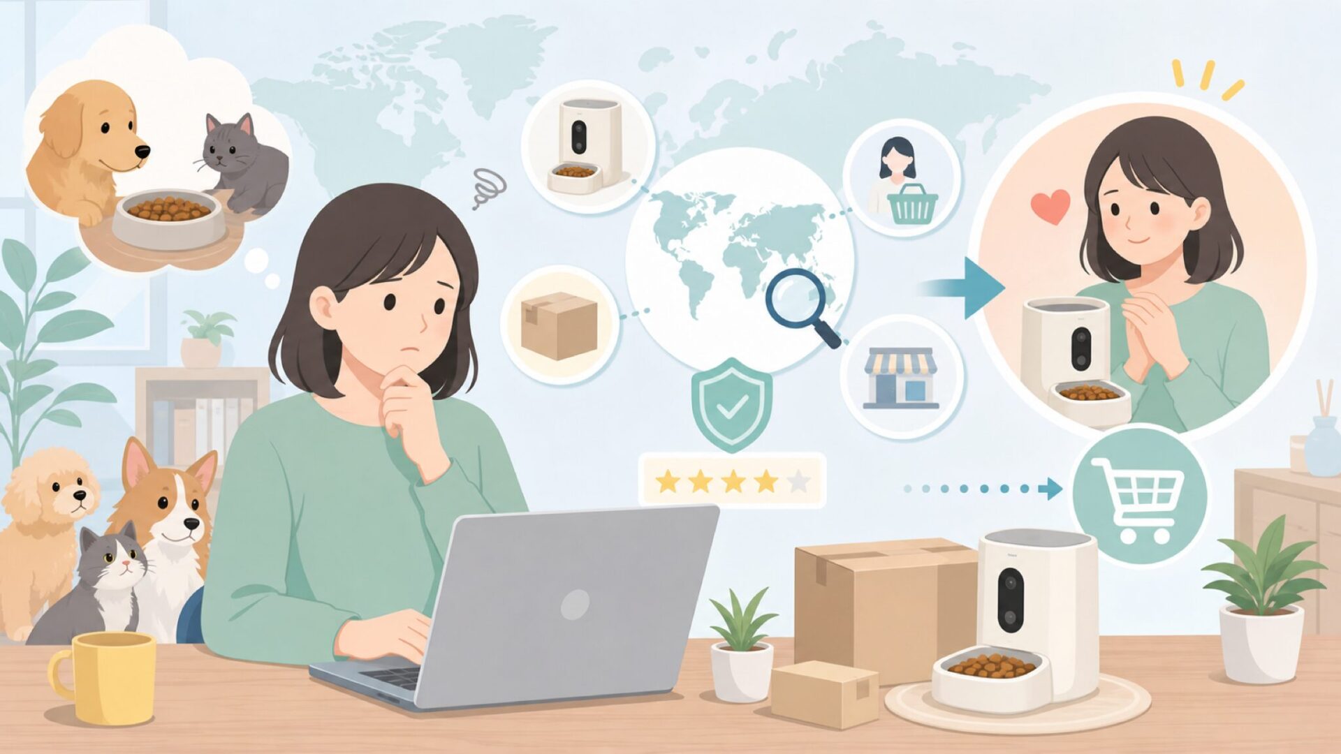 SureFeedはどこの国？ペット用品ブランドの正体を解説の要点を表すイラスト