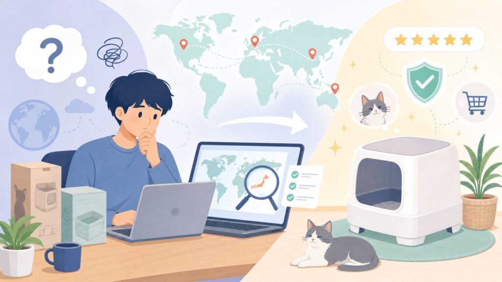 Modkatはどこの国？猫トイレ選びで後悔しない基礎知識の要点を表すイラスト