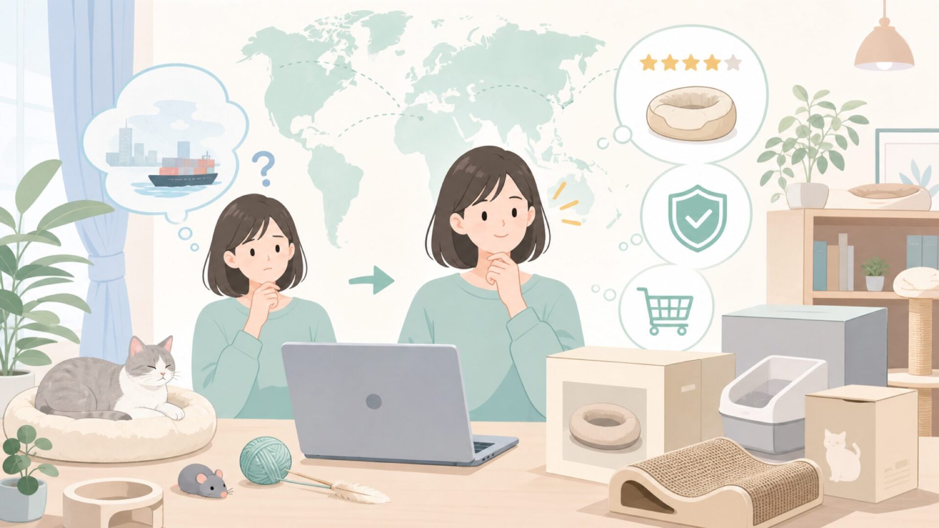 Tuft + Pawはどこの国？猫用品ブランドの正体と選び方の要点を表すイラスト