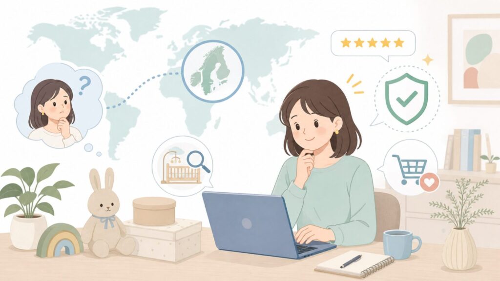 Cam Cam Copenhagenはどこの国？デンマーク発ブランドと正規品の選び方の要点を表すイラ