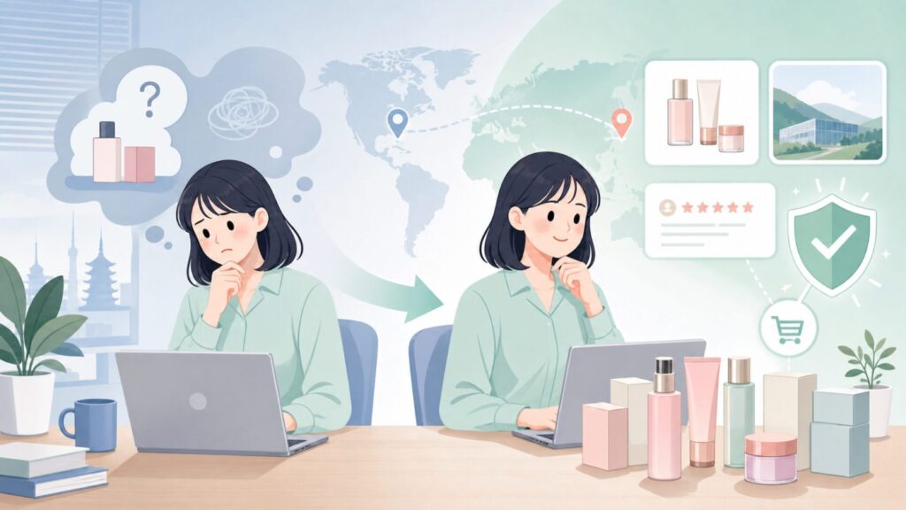 WAKEMAKEはどこの国の韓国コスメ?正規品の選び方と人気商品の要点を表すイラスト