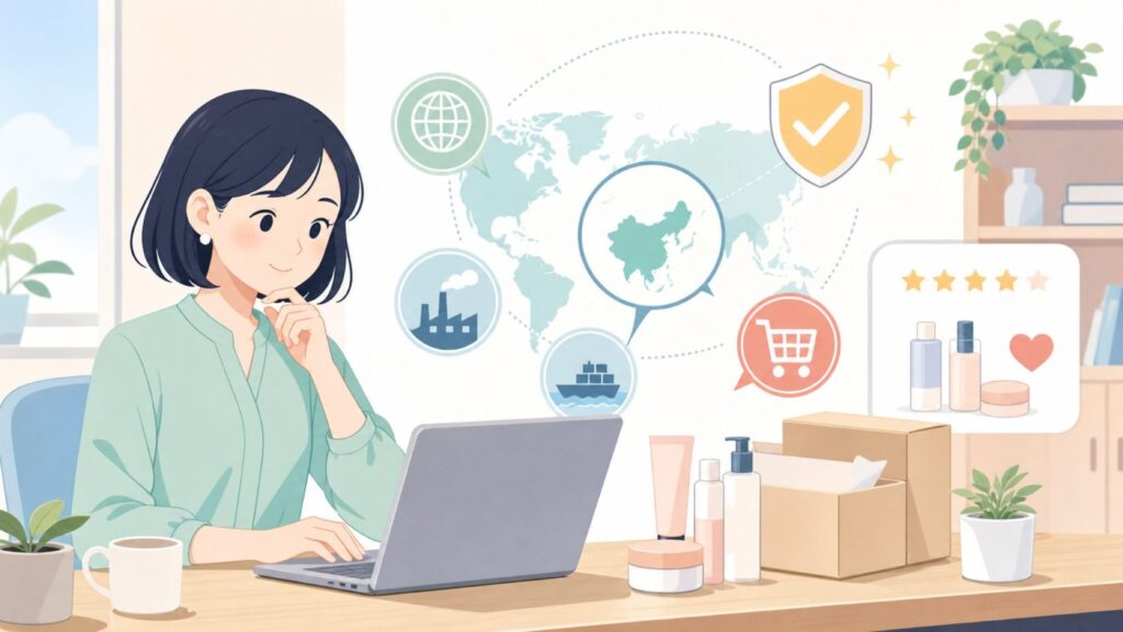 Dinto韓国コスメどこの国？ブランド正体と日本の購入先ガイドの要点を表すイラスト