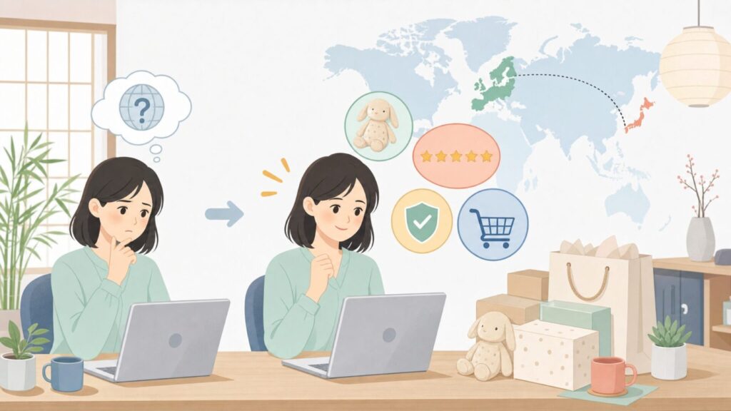 Fabelabはどこの国？デンマーク発ブランドの特徴と日本での買い方ガイドの要点を表すイラスト