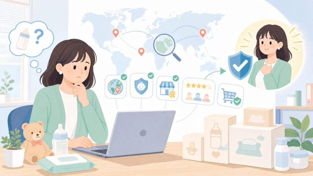 MAMはどこの国のブランド？ベビー用品の安全性と正規品の見分け方の要点を表すイラスト
