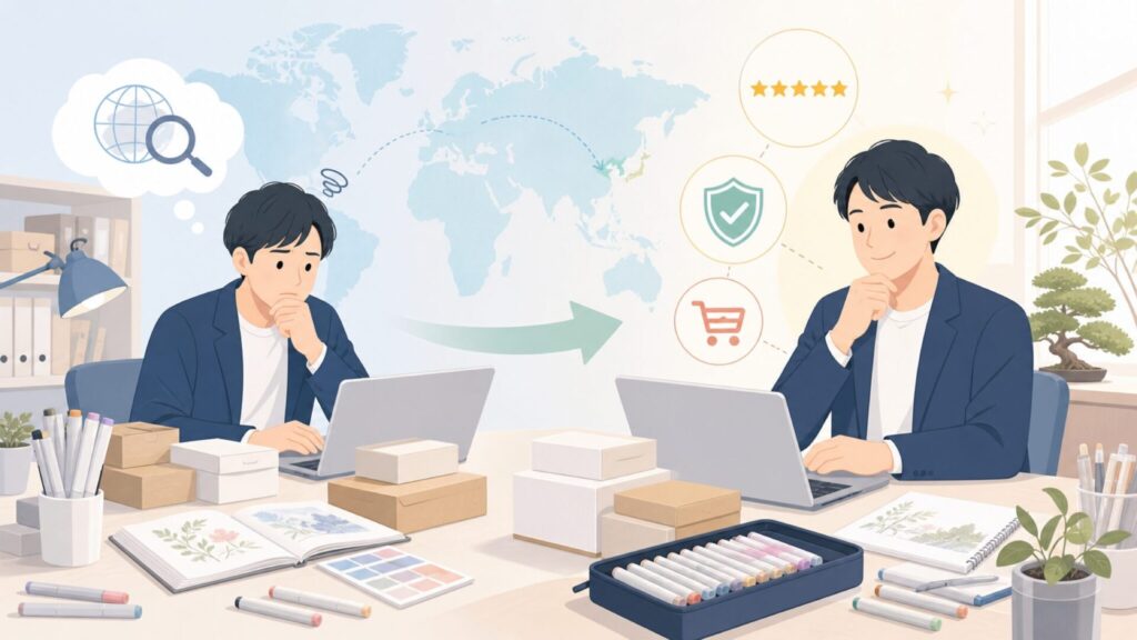 コピックはどこの国の画材？日本発Too株式会社の歴史と定番モデルの要点を表すイラスト