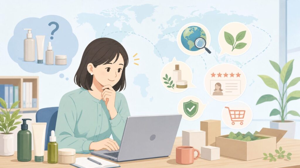 Aromaticaはどこの国？韓国発ヴィーガンコスメの正体と人気商品の要点を表すイラスト