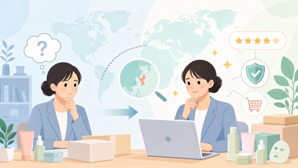VT Cosmeticsはどこの国?韓国コスメの実力と人気商品ガイドの要点を表すイラスト