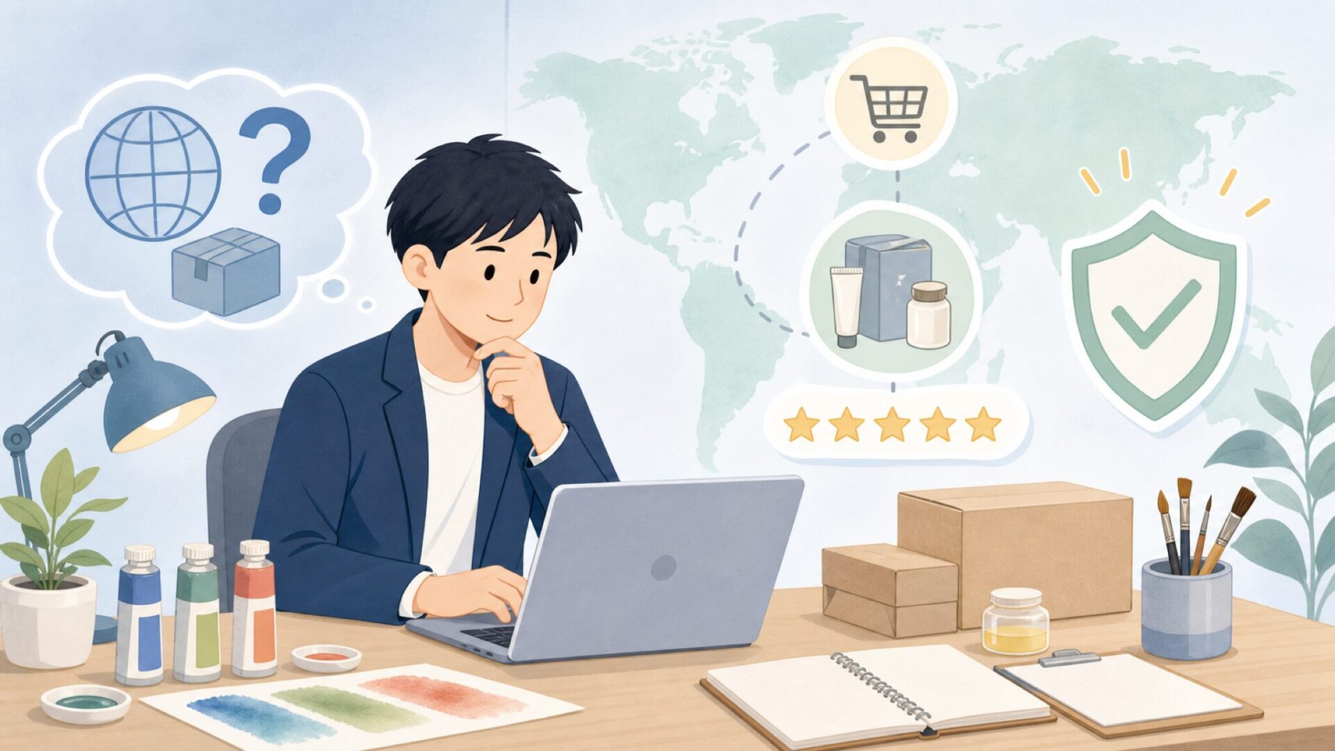 M.グラハムはどこの国の画材?水彩・ガッシュ・オイルの特徴の要点を表すイラスト