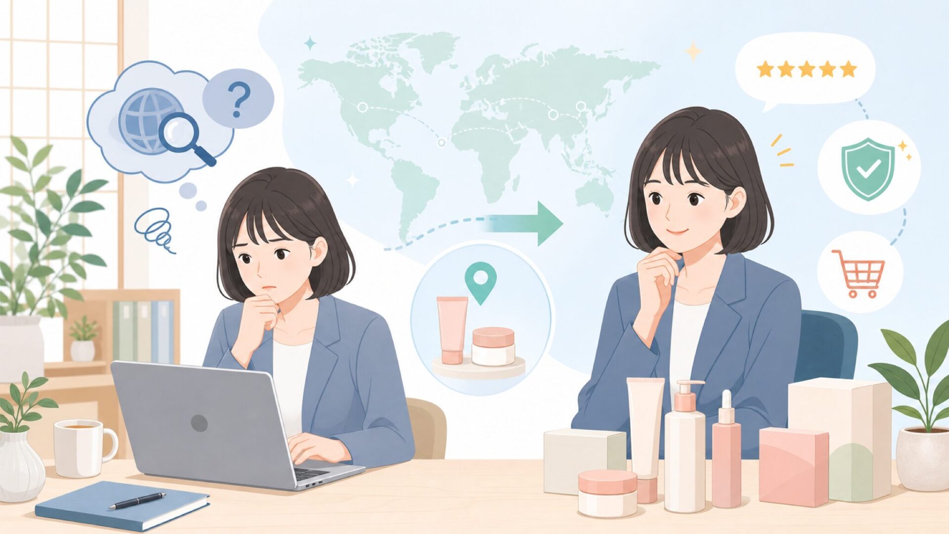 B_LABはどこの国のブランド?韓国コスメの特徴・口コミ・注意点の要点を表すイラスト