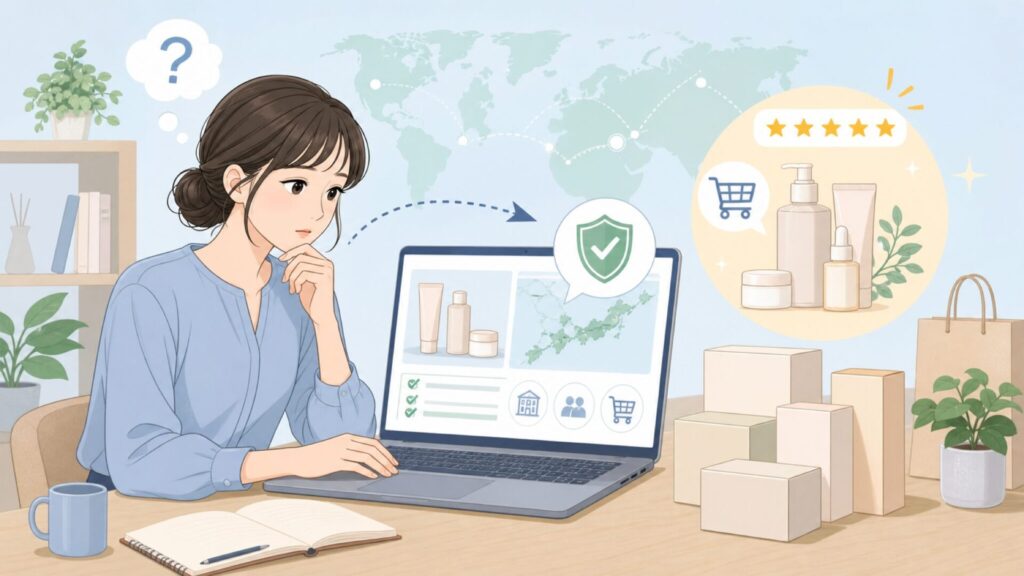 Make P:remどこの国？韓国発スキンケアの会社概要と日本の購入先まとめの要点を表すイラスト