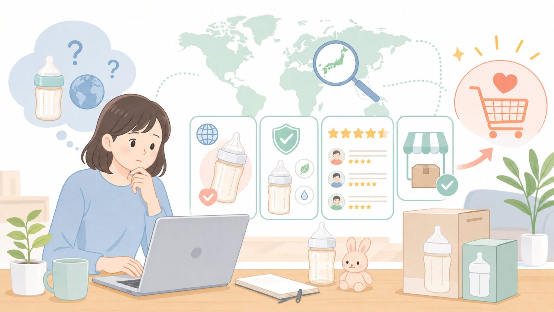 Hegenはどこの国の哺乳瓶ブランド?特徴・口コミ・購入先まとめの要点を表すイラスト