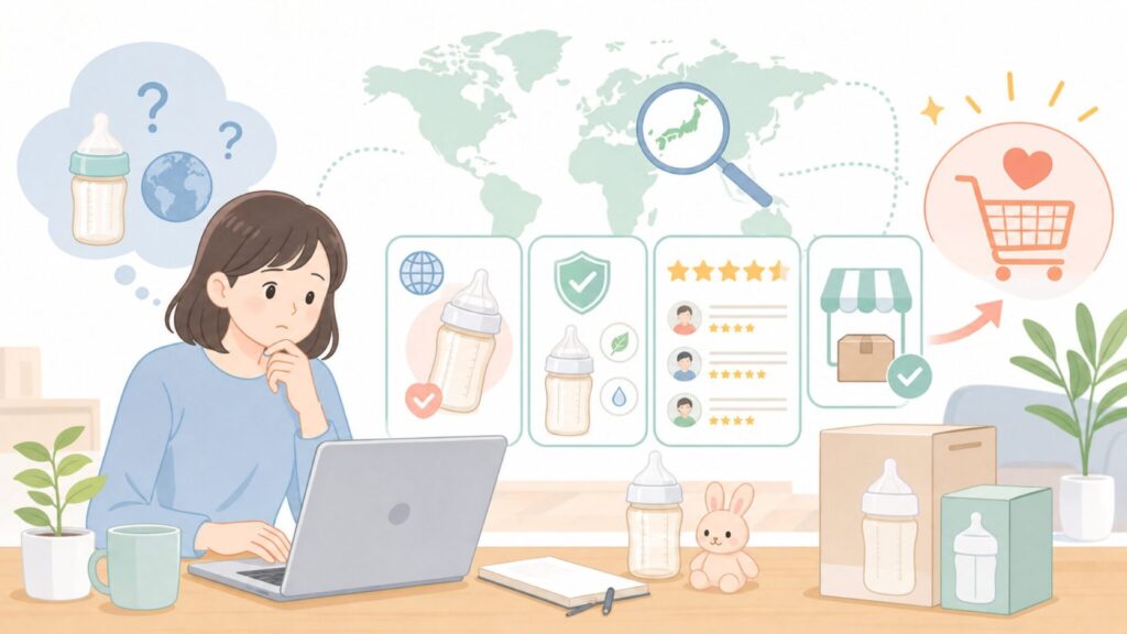 Hegenはどこの国の哺乳瓶ブランド？特徴・口コミ・購入先まとめの要点を表すイラスト