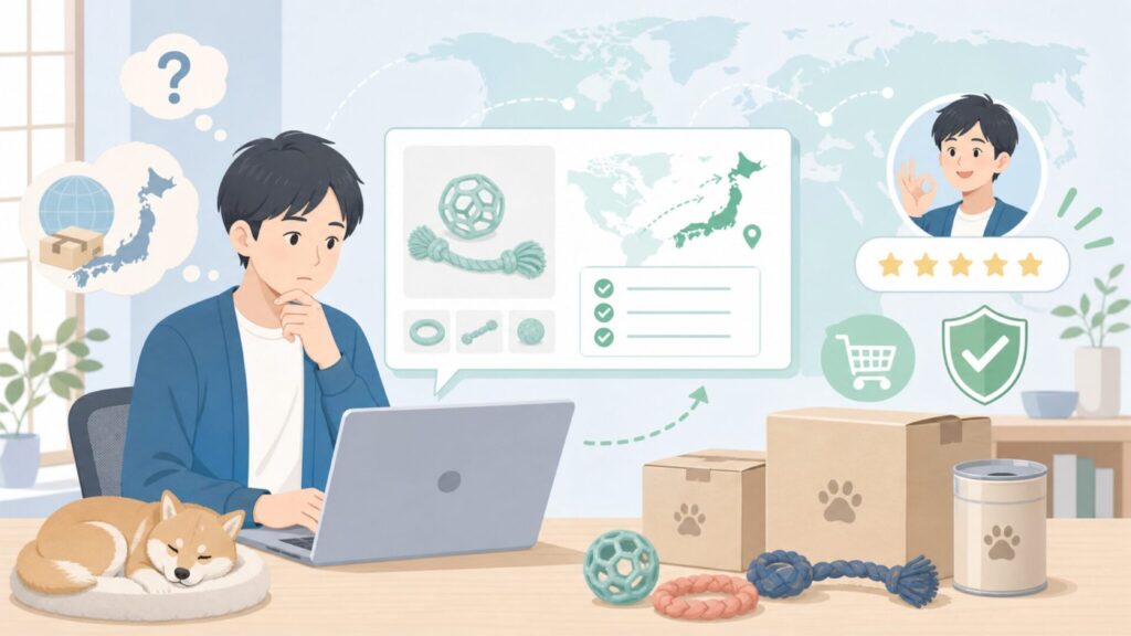 GoDogペット用品はどこの国？安全性と正規品の見分け方の要点を表すイラスト