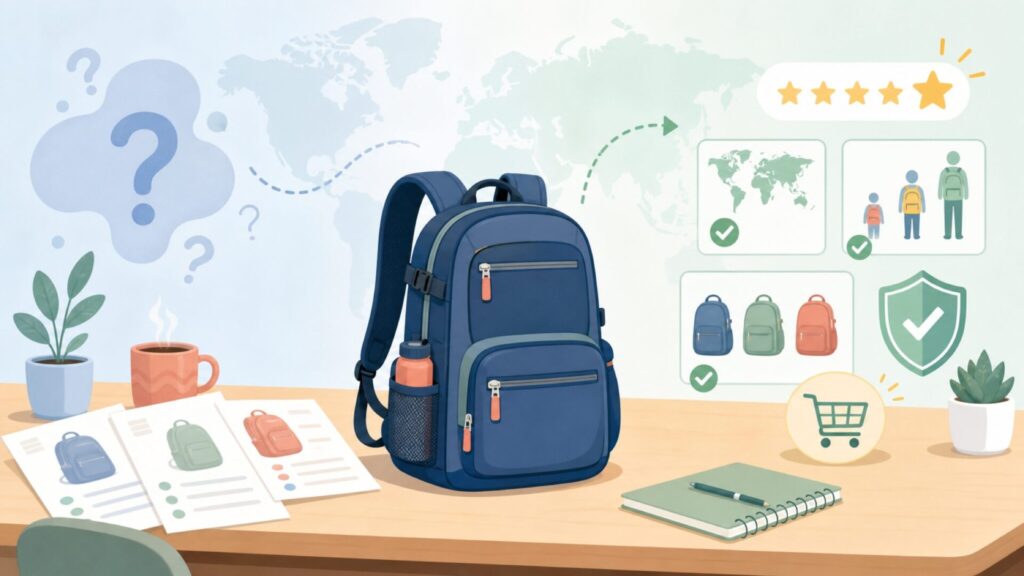 JanSportはどこの国のブランド?年齢層や選び方まで解説の要点を表すイラスト