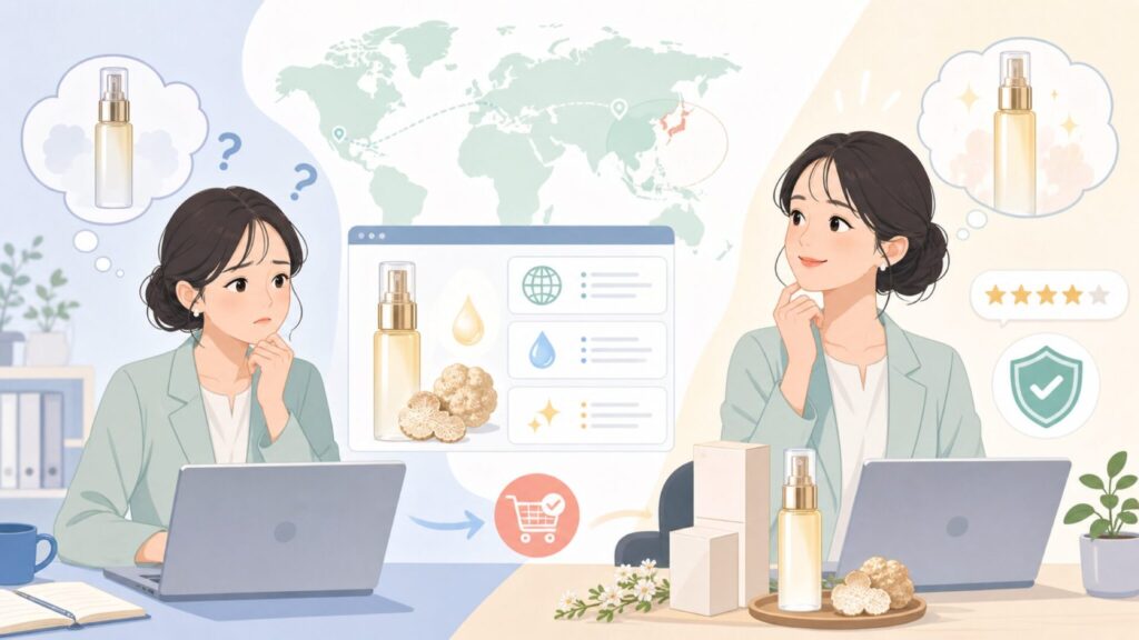 d'Albaはどこの国のブランド？韓国発・白トリュフコスメが選ばれる理由の要点を表すイラスト