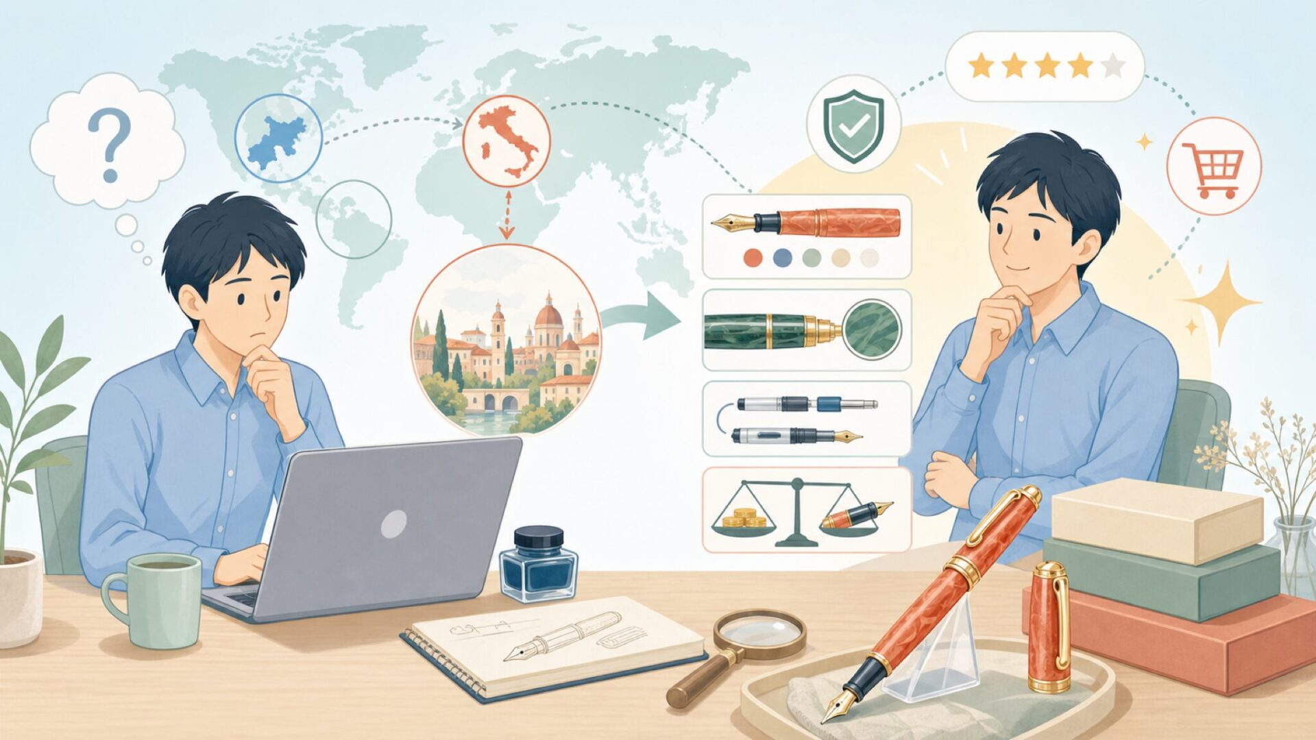 Visconti万年筆はどこの国？イタリア発の魅力を徹底解説の要点を表すイラスト