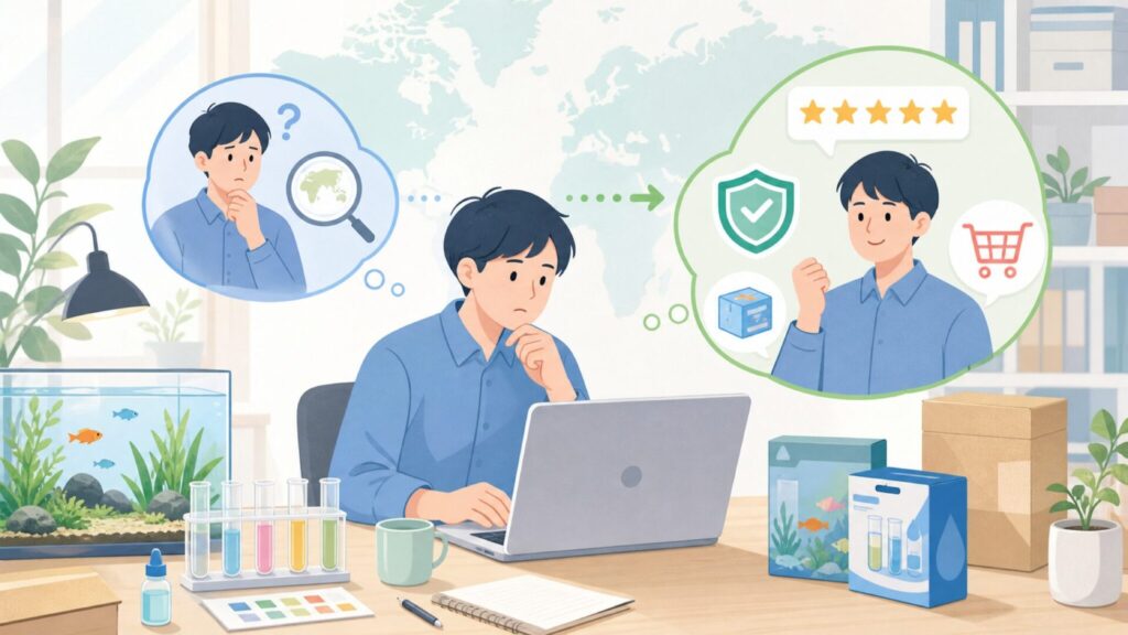 API Aquariumはどこの国?水質検査キットの安全性と選び方の要点を表すイラスト