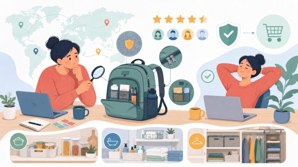 InterDesignの収納用品はどこの国?特徴と選び方ガイドの要点を表すイラスト