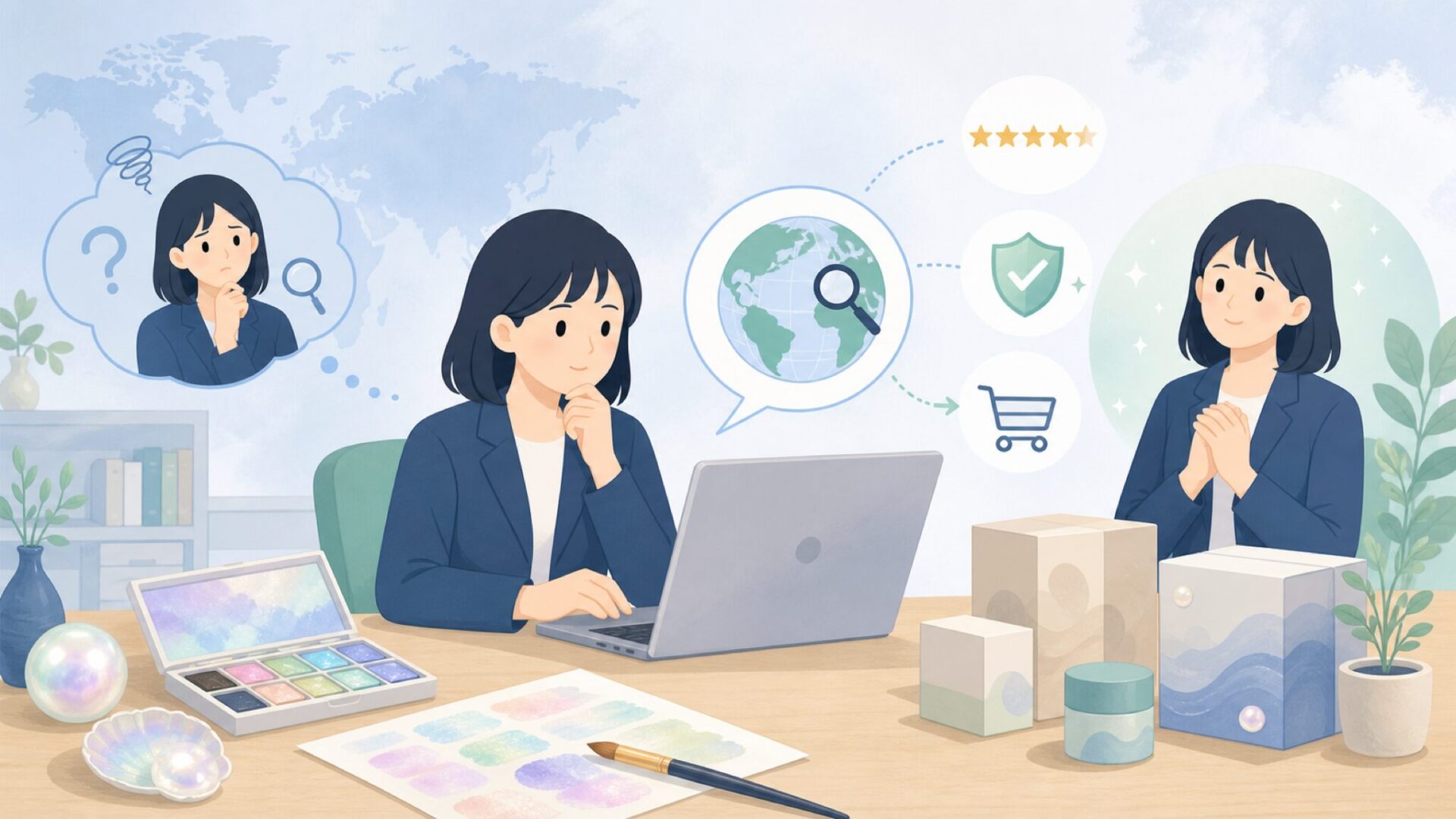 Finetecはどこの国の画材？ドイツ発パール水彩の魅力を解説の要点を表すイラスト